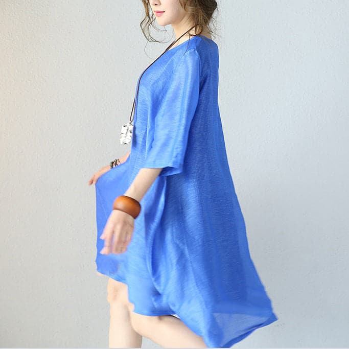 Robe élégante en soie naturelle bleue Robe ample en soie 2018 Vêtements en coton à manches mi-longues et col rond