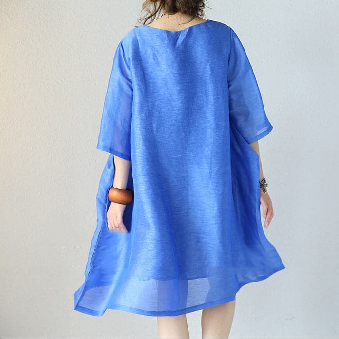 Robe élégante en soie naturelle bleue Robe ample en soie 2018 Vêtements en coton à manches mi-longues et col rond