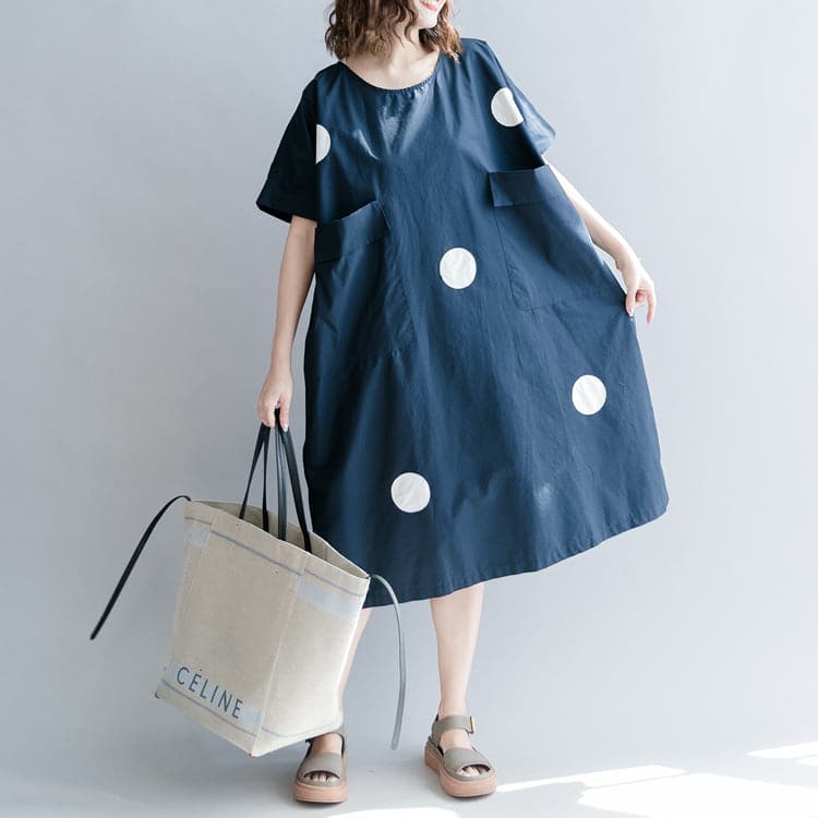 stylisches dunkelblau gepunktetes Kleid aus natürlicher Baumwolle lässige Urlaubskleider Vintage Kurzarm O-Ausschnitt Baggy Kleider