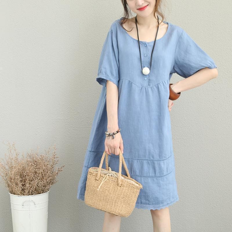 robe chemise oversize en lin bleu clair élégante pour femme, robe patchwork en dentelle ajourée en lin et coton