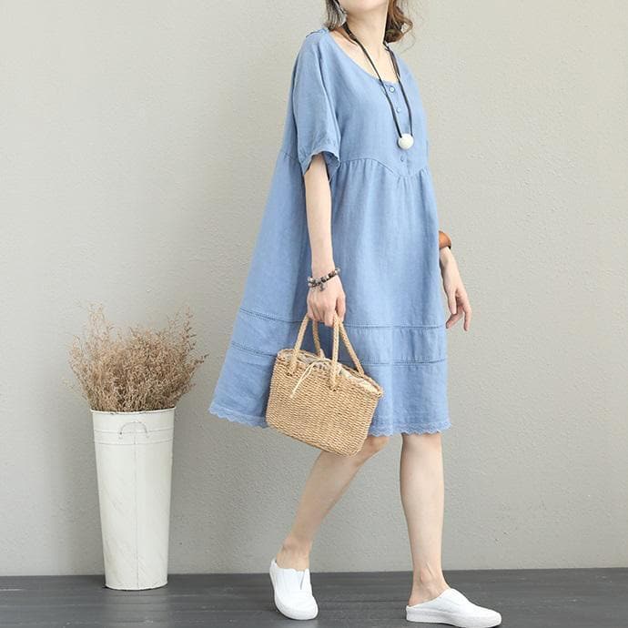 robe chemise oversize en lin bleu clair élégante pour femme, robe patchwork en dentelle ajourée en lin et coton