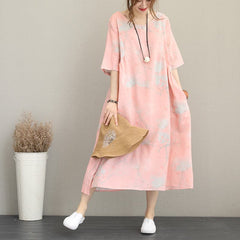 stylish pink prints long linen dresses oversize o neck linen clothing dresses casual half sleeve kaftans