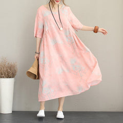 stylish pink prints long linen dresses oversize o neck linen clothing dresses casual half sleeve kaftans