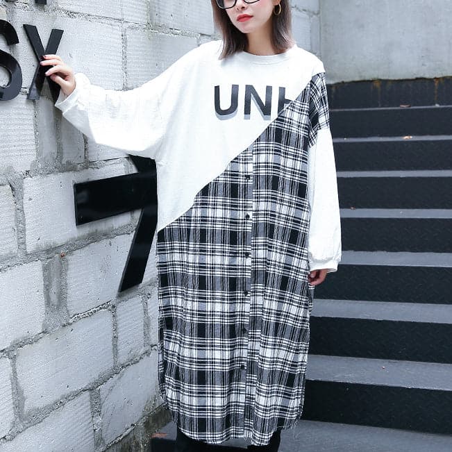 stylish white Plaid patchwork cotton blended caftans oversize O neck traveling dress fine side open baggy gown