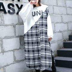 stylish white Plaid patchwork cotton blended caftans oversize O neck traveling dress fine side open baggy gown