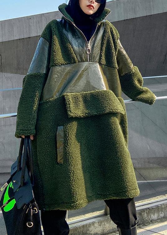 manteau en laine vert armée tendance grande taille veste d'hiver en patchwork à revers en PU