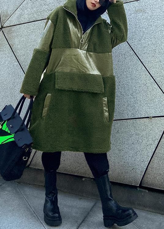 manteau en laine vert armée tendance grande taille veste d'hiver en patchwork à revers en PU