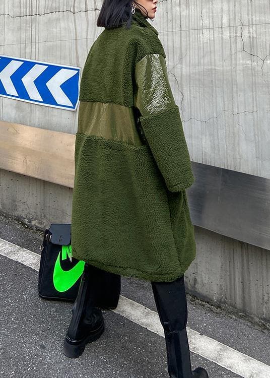 manteau en laine vert armée tendance grande taille veste d'hiver en patchwork à revers en PU