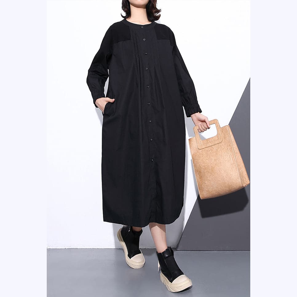 fine black coats plus size stand collar pockets patchwork baggy Coat