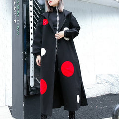 manteau long à pois noirs fins, manteau maxi à capuche grande taille, manteaux amples ouverts sur le côté pour femmes