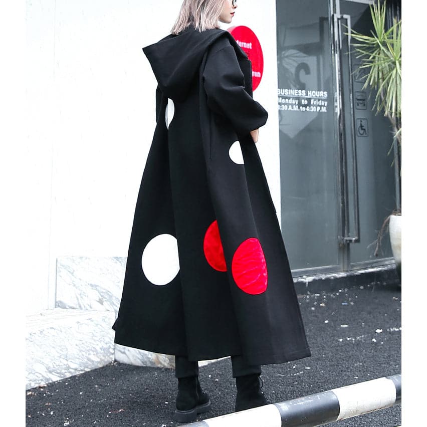 manteau long à pois noirs fins, manteau maxi à capuche grande taille, manteaux amples ouverts sur le côté pour femmes