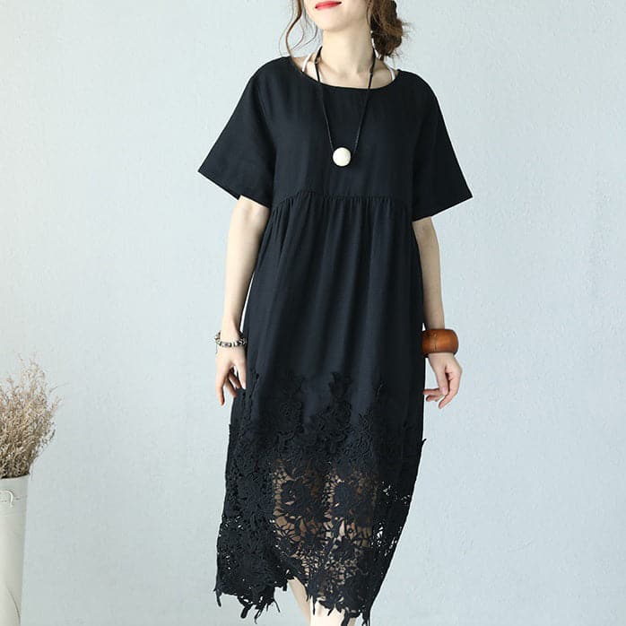 fine black linen dress Loose fitting O neck linen clothing dresses Elegant short sleeve baggy dresses