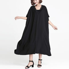 robe droite en lin noir fin robe longue décontractée en lin pour femme robe patchwork en coton à col en V