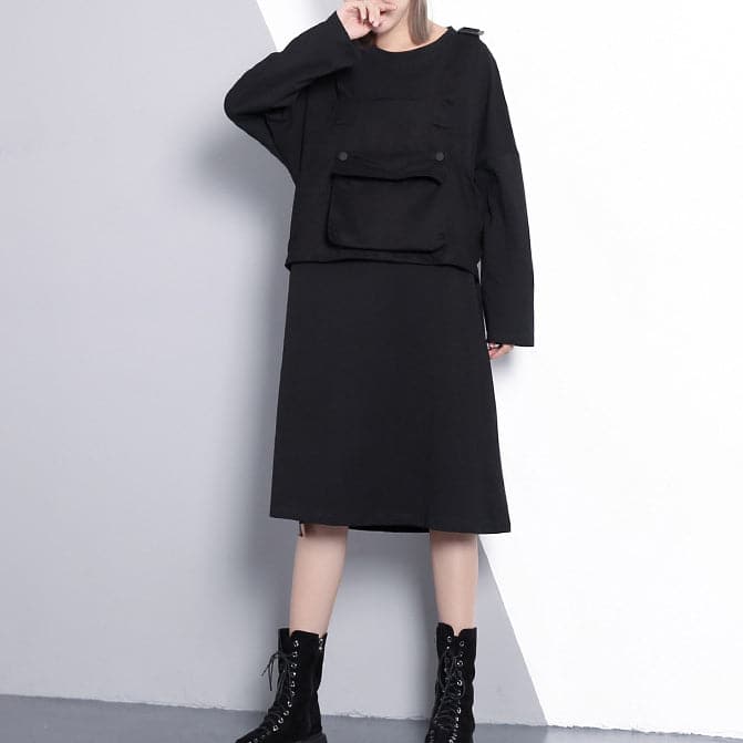 fine black oversize casual dress false two pieces casual O neck clothing dresses