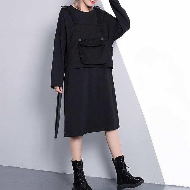 fine black oversize casual dress false two pieces casual O neck clothing dresses