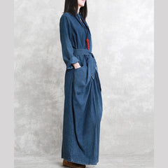 fine denim blue 2018 fall dress casual v neck tie waist traveling dress 2018 long sleeve back side open long dresses