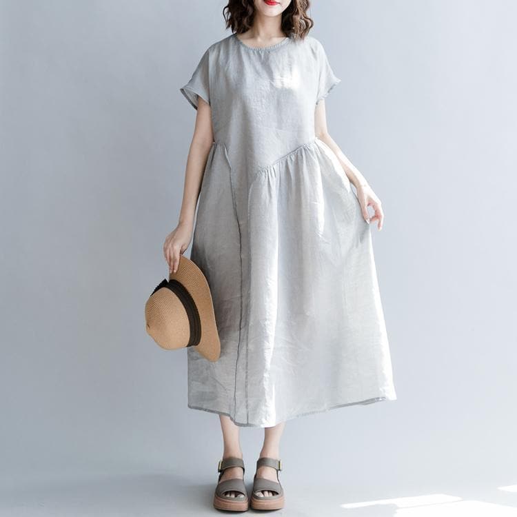 robe en lin naturel gris fin robe longue en lin patchwork oversize à col rond 2018 robes amples à manches courtes