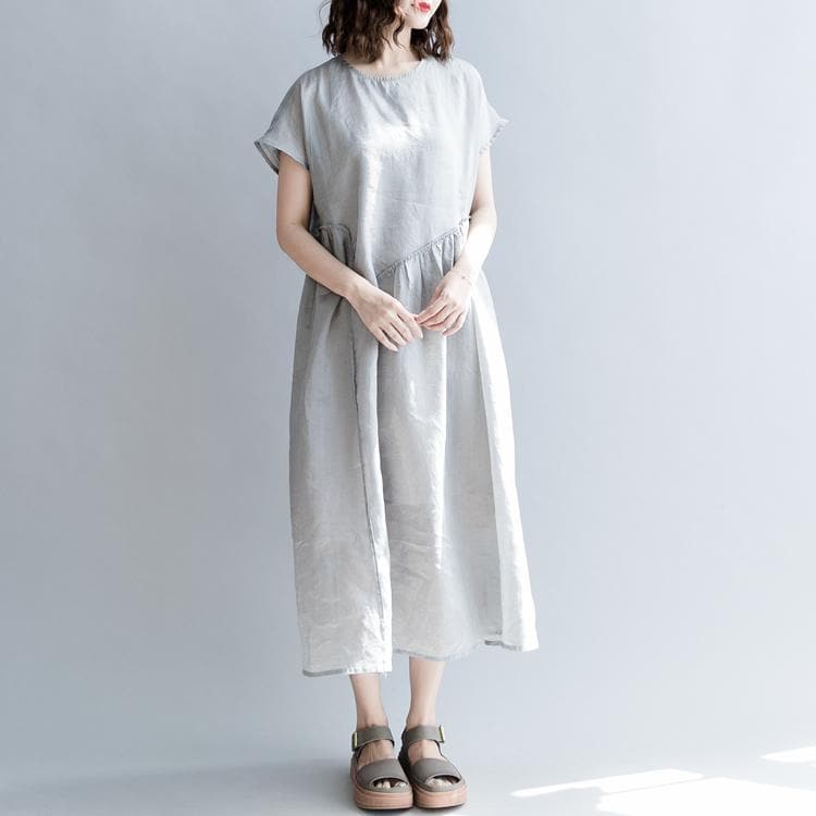 robe en lin naturel gris fin robe longue en lin patchwork oversize à col rond 2018 robes amples à manches courtes