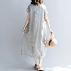 robe en lin naturel gris fin robe longue en lin patchwork oversize à col rond 2018 robes amples à manches courtes