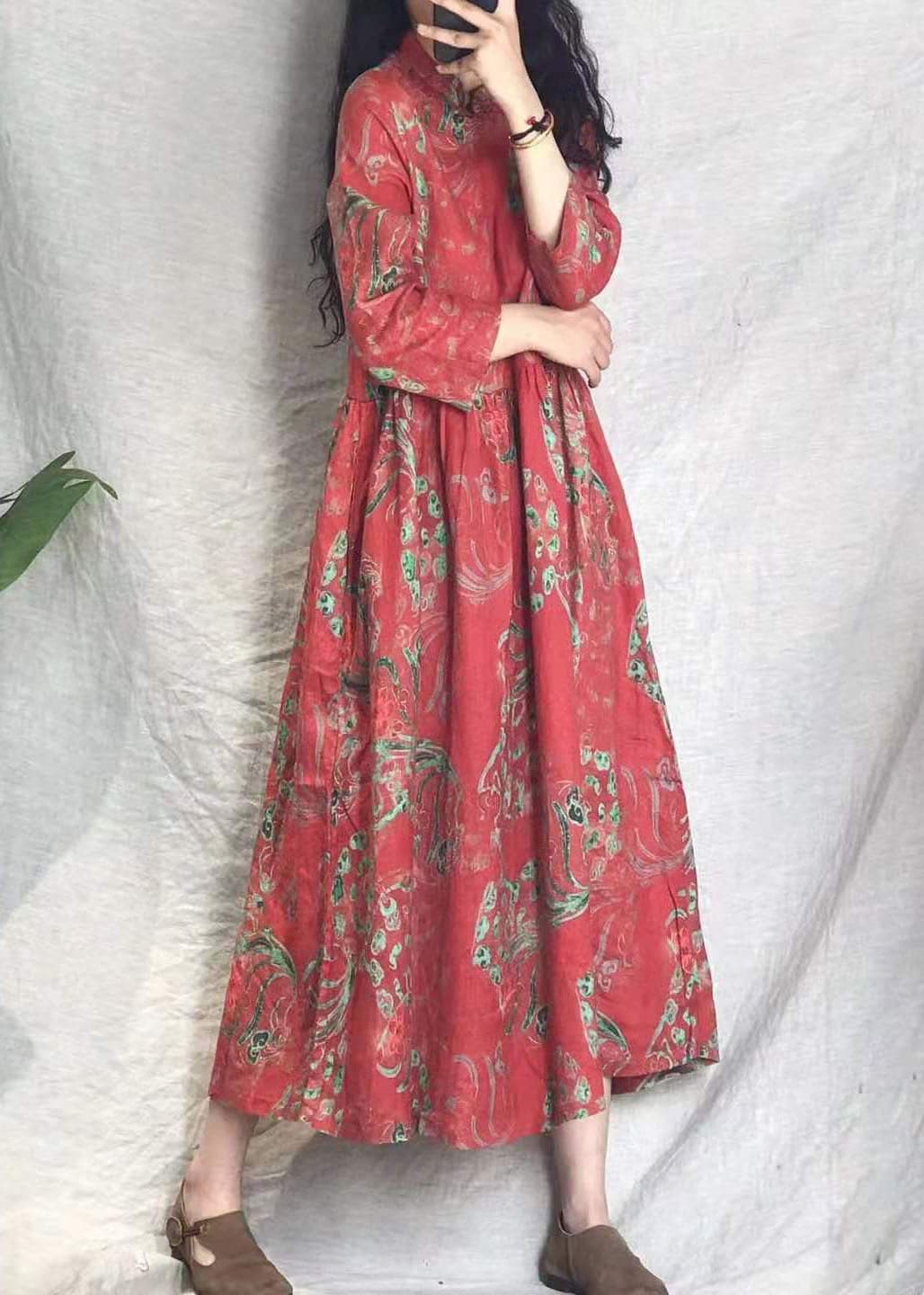 vintage Red Cinched Stand Collar Print Linen long Dresses Spring