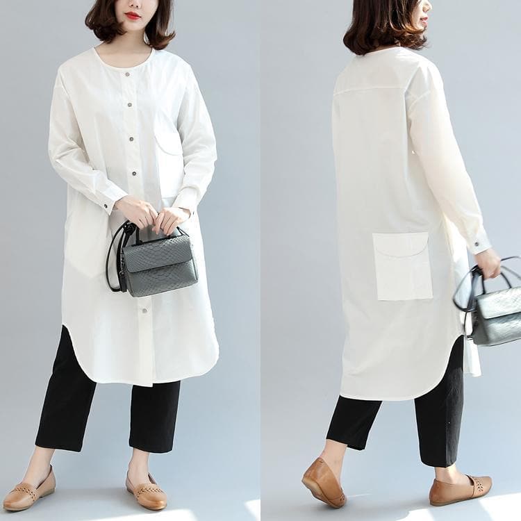 robes blanches amples en coton, robe chemise décontractée à manches longues