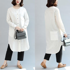 robes blanches amples en coton, robe chemise décontractée à manches longues