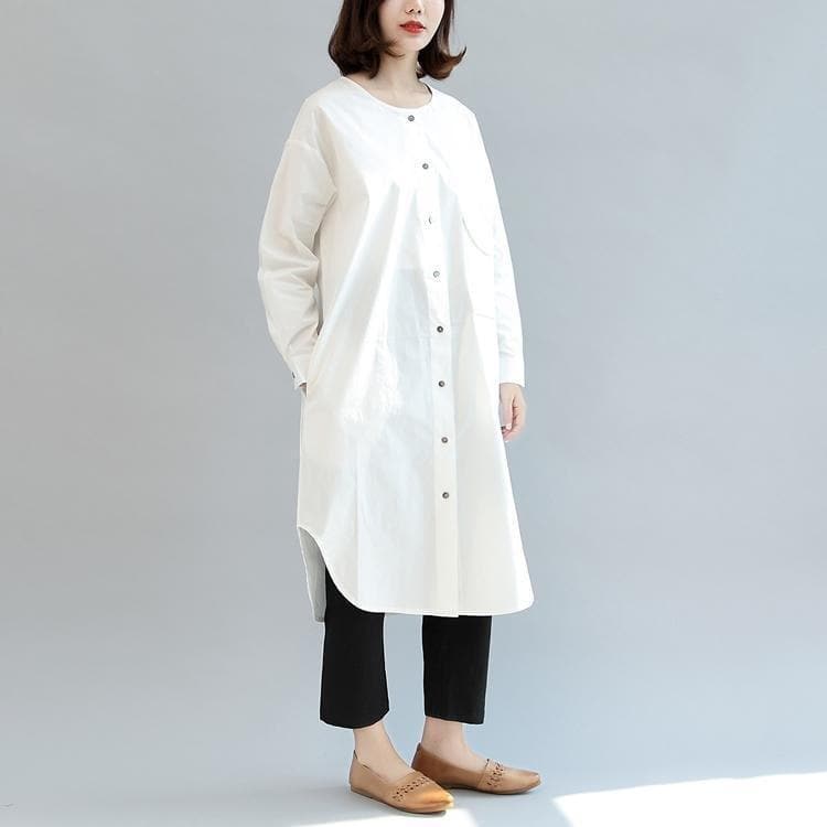 robes blanches amples en coton, robe chemise décontractée à manches longues