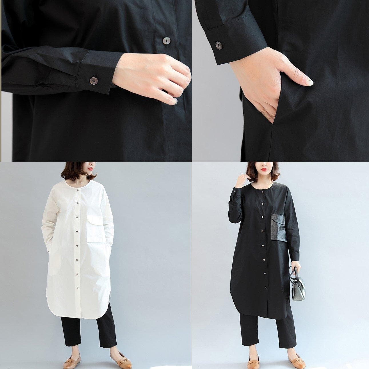 robes blanches amples en coton, robe chemise décontractée à manches longues