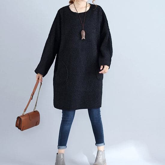 winter thick warm black corduroy dresses plus size casual long sleeve sweater dress