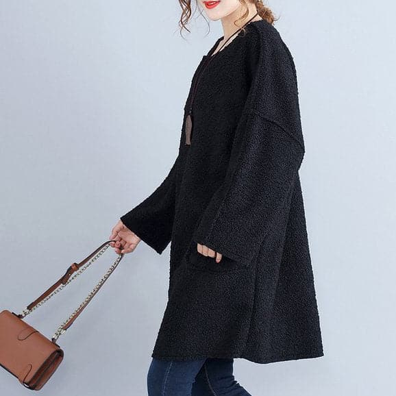 winter thick warm black corduroy dresses plus size casual long sleeve sweater dress