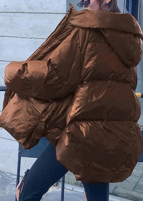 Vestes de neige amples pour femmes Vestes en duvet d'oie à capuche avec fermeture éclair en chocolat