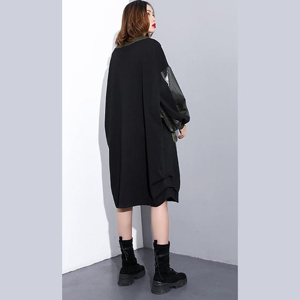 Robe d'automne ample noire en patchwork pour femme, robe fine en coton à col rond