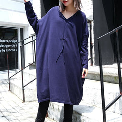 Robe ample décontractée grande taille bleue pour femme 2018 Robe en coton mélangé à col en V et cordon de serrage