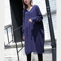 Robe ample décontractée grande taille bleue pour femme 2018 Robe en coton mélangé à col en V et cordon de serrage