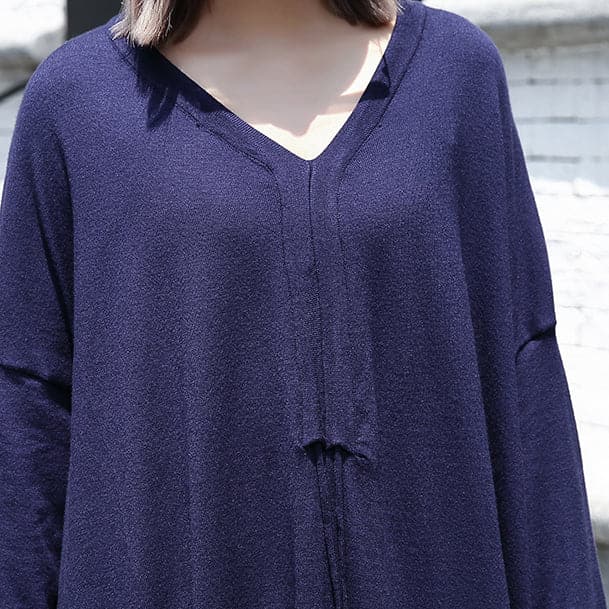 Robe ample décontractée grande taille bleue pour femme 2018 Robe en coton mélangé à col en V et cordon de serrage