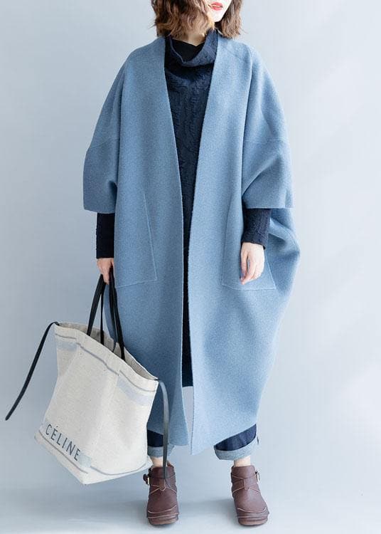 Manteau en laine bleu pour femme Manteau d'hiver long et ample Vestes d'automne Manches chauve-souris