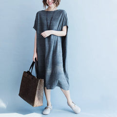 women gray cotton dresses oversize o neck cotton dresses boutique short sleeve caftans