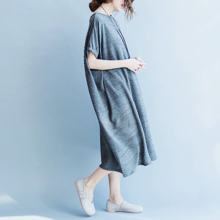 women gray cotton dresses oversize o neck cotton dresses boutique short sleeve caftans